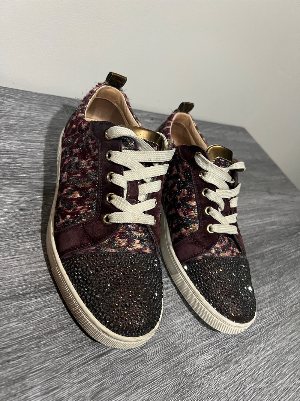 Christian Louboutin Embellished Tweed Low-Top Sneakers in Burgundy and brown - Picture 3 of 7